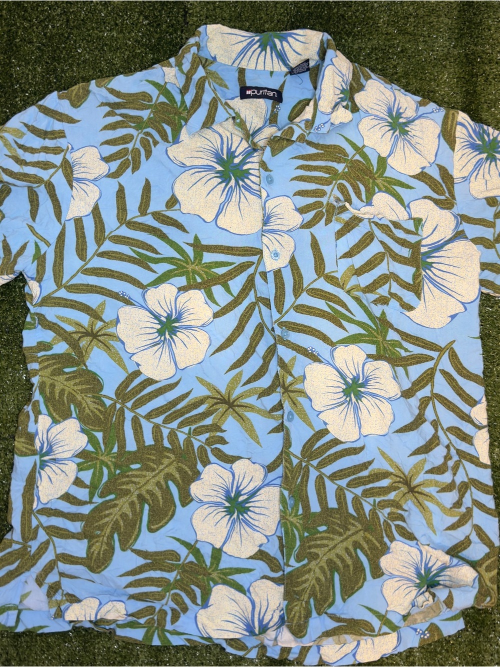 Puritan Light Blue Hawaiian Floral Button-Up Shirt